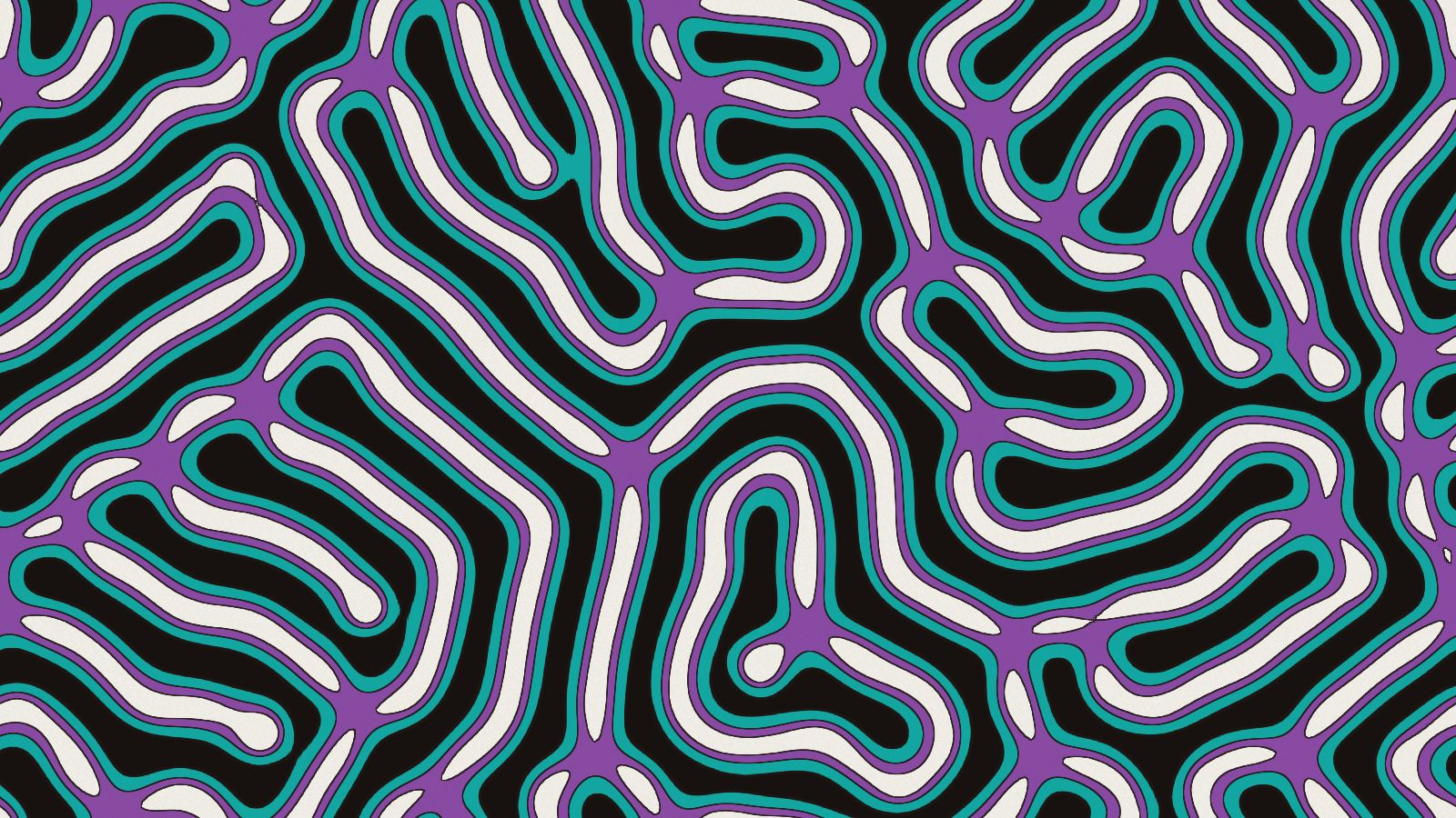 Cream, teal, and purple stripes folding into a maze on a black ground
