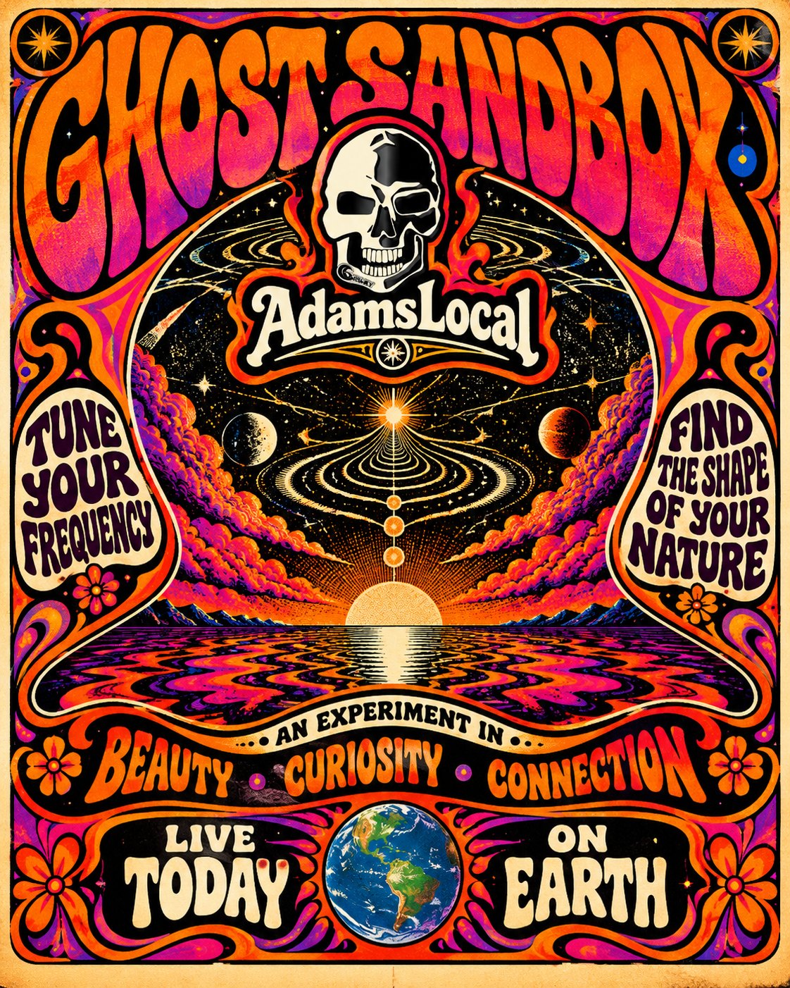 The GhostSandbox poster: a skull over the AdamsLocal name, a sun rising through rings of light onto a striped sea. Tune your frequency. Find the shape of your nature. An experiment in beauty, curiosity, connection. Live today, on Earth.